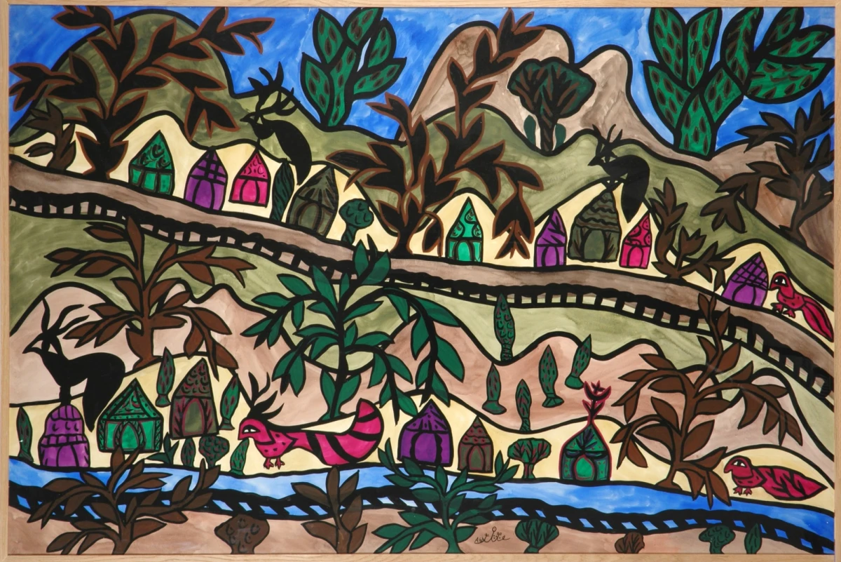 Baya, Paysage aux maisons et collines, gouache sur papier, 1966, FNAC 29677, Centre national des arts plastiques, dépôt au Musée du Quai Branly. Crédit photo : Othmane Mahieddine