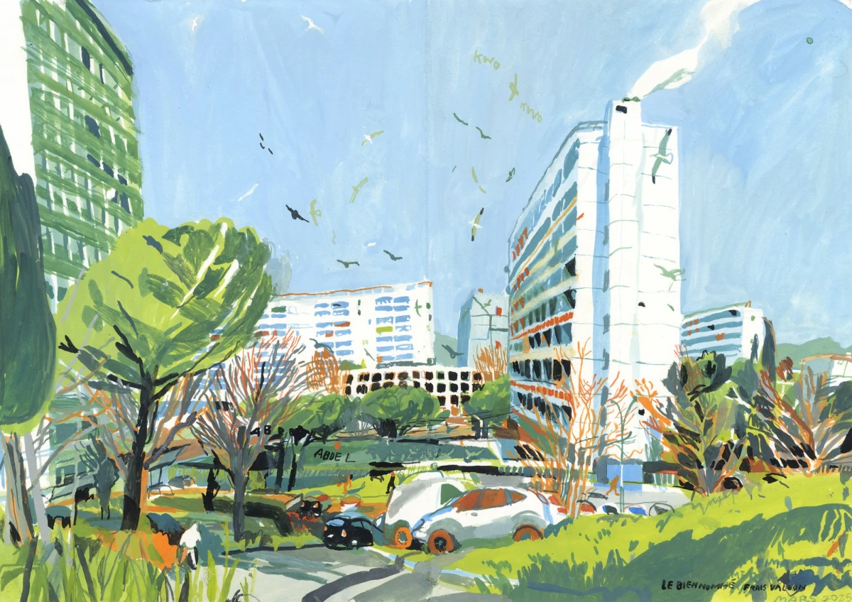 Benoît Guillaume, <em>Marseille, le bien nommé frais Vallon</em>, Gouache<br />
35 x 50 cm, 2025. © Benoît Guillaume