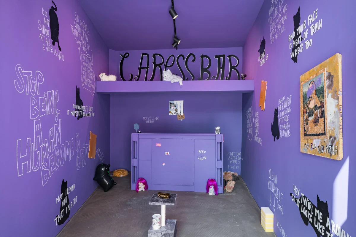 Anais Touchot CARESS BAR<br />
2025, Installation<br />
Divers objets de consommation de masse lié au jeu, bien-être et l’automobile, appareils de massage, fourrures, peluche, vodka, liqueur de Café, lait, peinture acrylique<br />
Photos : Sandwich 2025 / Catalin Georgescu