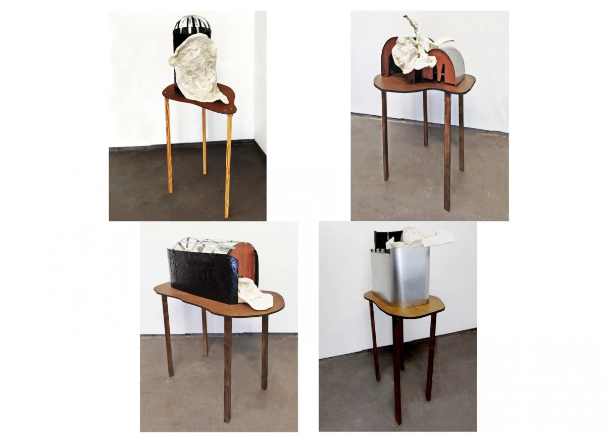 Raoul Hébréard & Sophie Menuet, <em>Série N°3​-DUO</em> , 2024<br />
5 pièces de différentes dimensions<br />
R.H - zinc & Blackson vernis<br />
S.M - tissu piqué sur armature -R.H