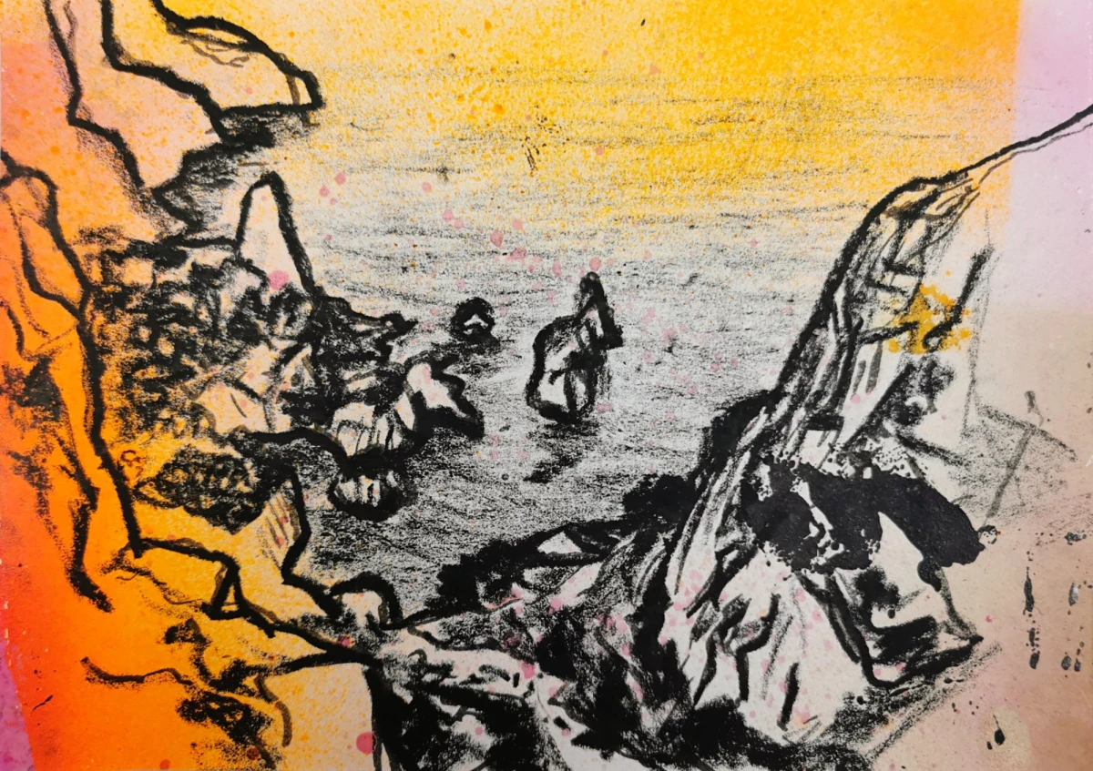Sarah Bongiovanni, <em>calanque de sugiton</em> encre, aerosol et crayon sur papie,r 15 x 21 cm, 2025<br />
Crédit photo Sarah Bongiovanni